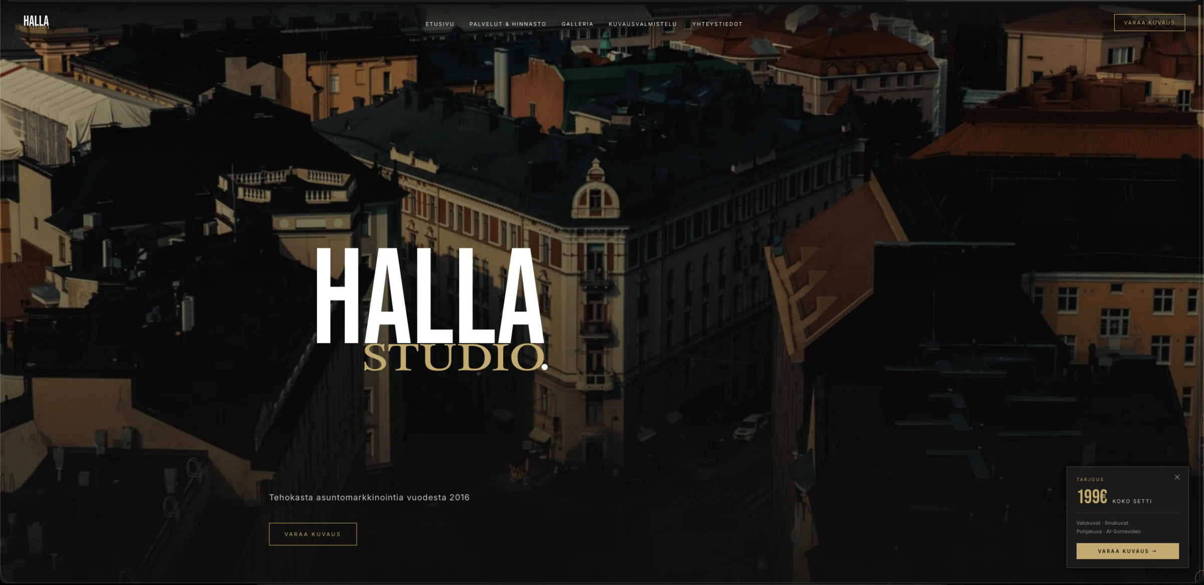 Halla Studio website hero with an aerial view of Helsinki